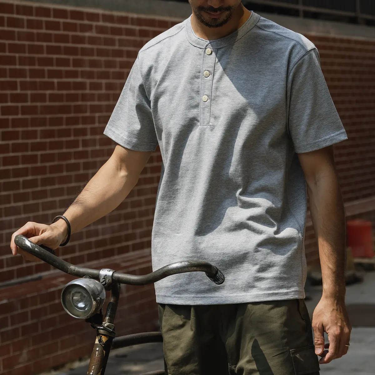 Red Bronson Men's Heavyweight Cotton T-irt Henry Collar ort Sve 2s/2 Double Weave Base irt American Retro Sle