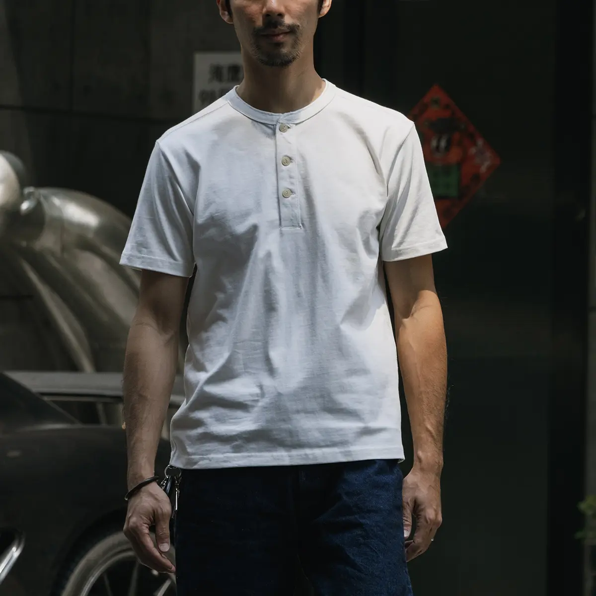 Red Bronson Men's Heavyweight Cotton T-irt Henry Collar ort Sve 2s/2 Double Weave Base irt American Retro Sle