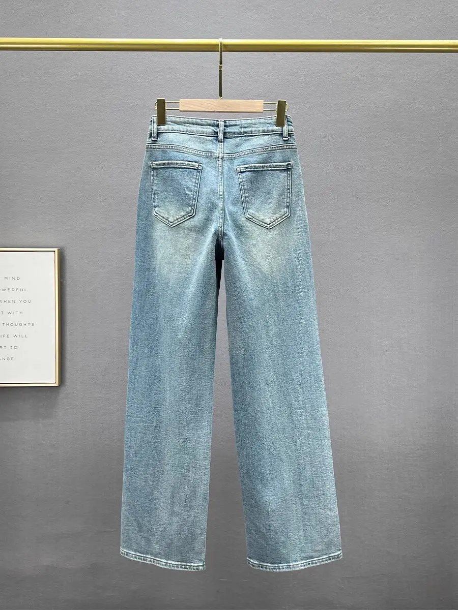 High Waist Wide Leg Jeans Women's Spring 2024 New Sle Loose Slimming Heavy Embellied Floor-Length Pants Denim Trousers