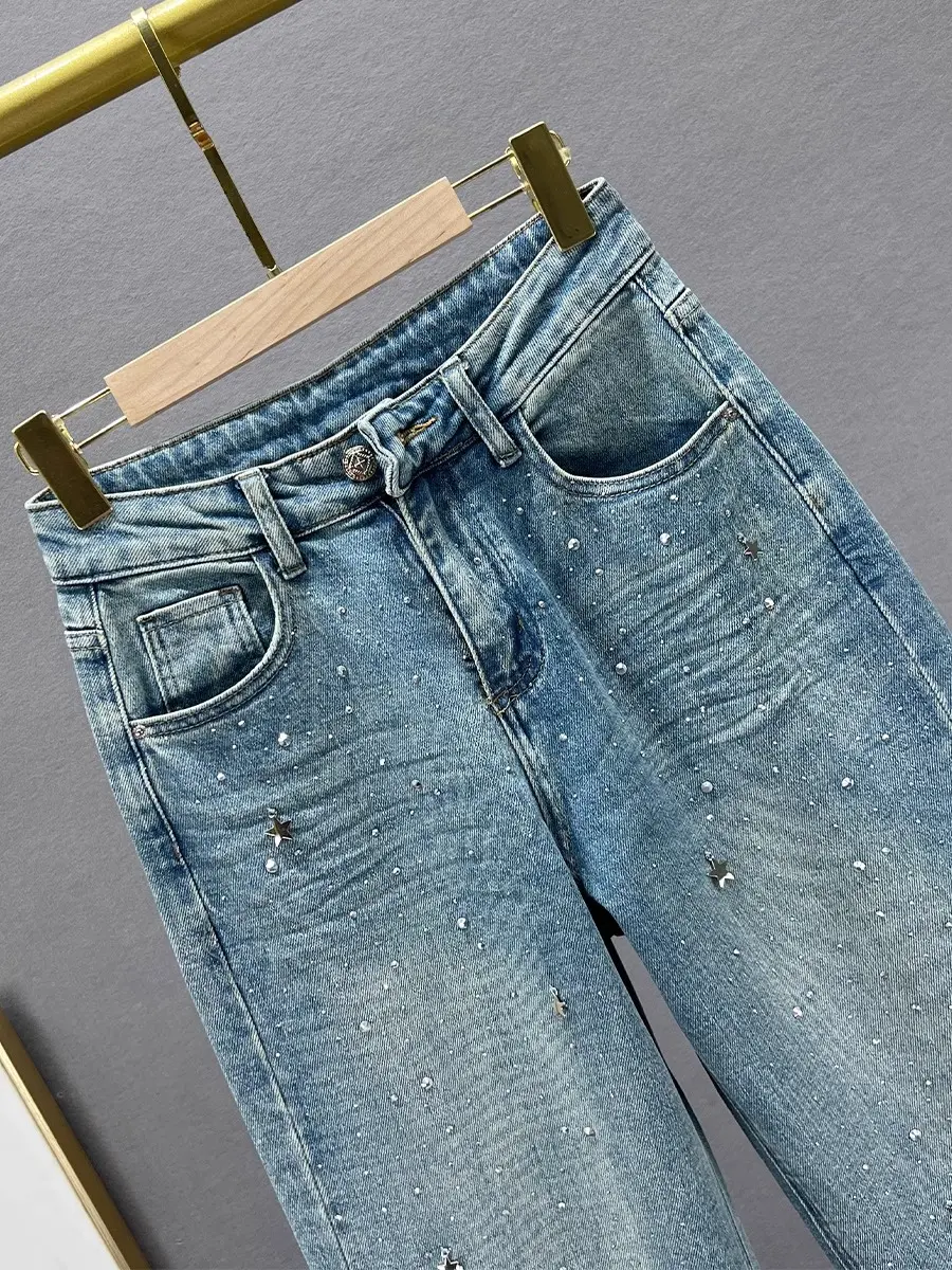 High Waist Wide Leg Jeans Women's Spring 2024 New Sle Loose Slimming Heavy Embellied Floor-Length Pants Denim Trousers