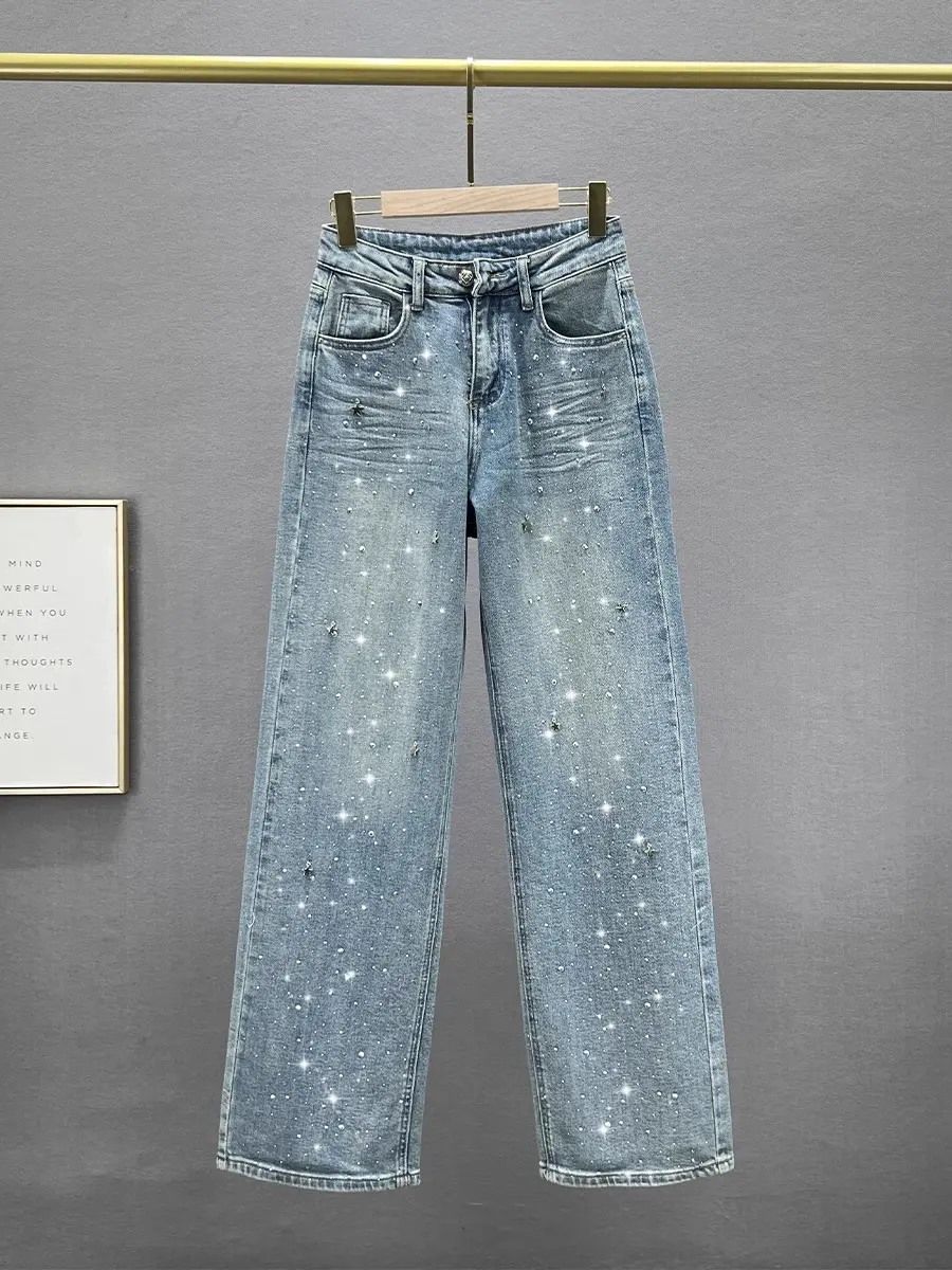 High Waist Wide Leg Jeans Women's Spring 2024 New Sle Loose Slimming Heavy Embellied Floor-Length Pants Denim Trousers