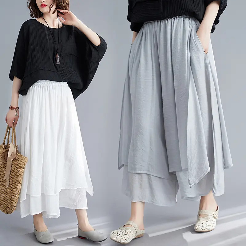 Women's Wide Leg Pants Cotton Linen Drapey Nine Points Skirt Slimming Summer Artistic Ethnic Sle Low Waist Korean Version