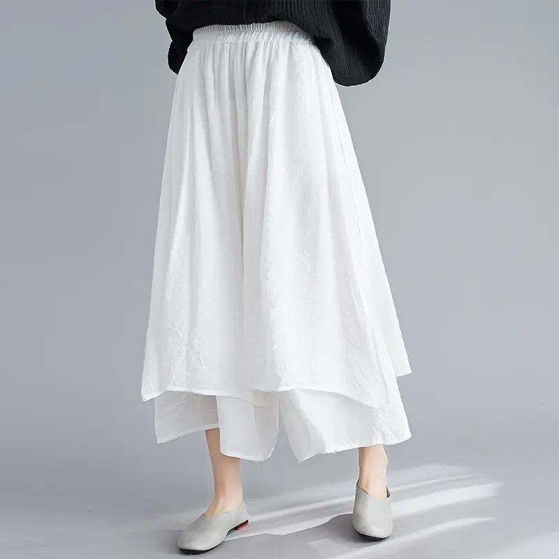 Women's Wide Leg Pants Cotton Linen Drapey Nine Points Skirt Slimming Summer Artistic Ethnic Sle Low Waist Korean Version