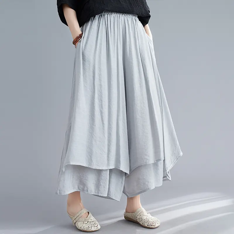 Women's Wide Leg Pants Cotton Linen Drapey Nine Points Skirt Slimming Summer Artistic Ethnic Sle Low Waist Korean Version