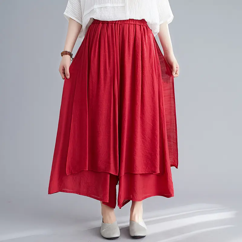 Women's Wide Leg Pants Cotton Linen Drapey Nine Points Skirt Slimming Summer Artistic Ethnic Sle Low Waist Korean Version