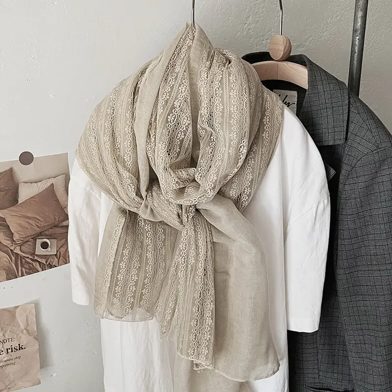 Lightweight Lace Cotton Linen Scarf Women's Faionable Spring Autumn Sunscreen awl Versatile Sli Scarf for Students Youth
