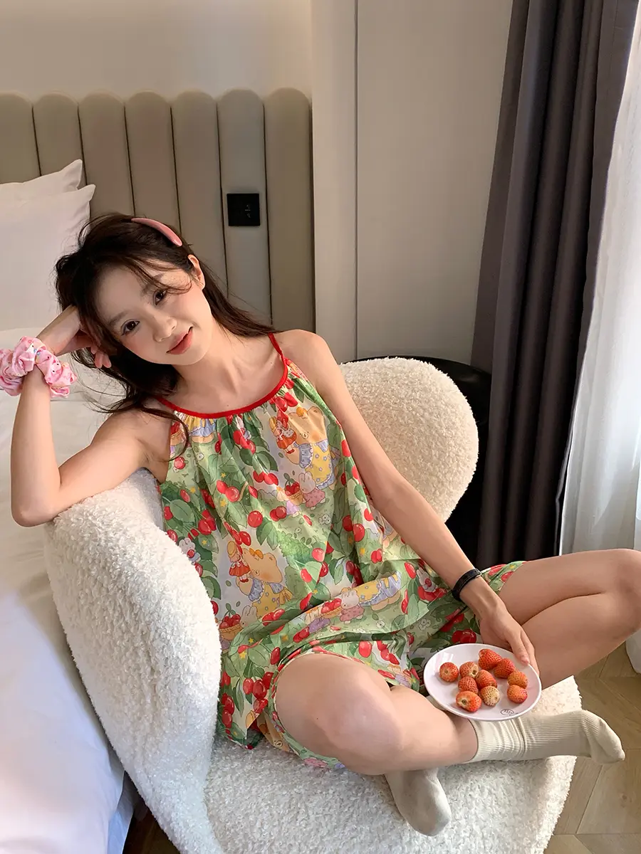 2025 New Women's Summer Nightgown Cotton Gauzy Bear Print Gown Home Clothes Set Sweet Cute Countryside Sle ort Sve