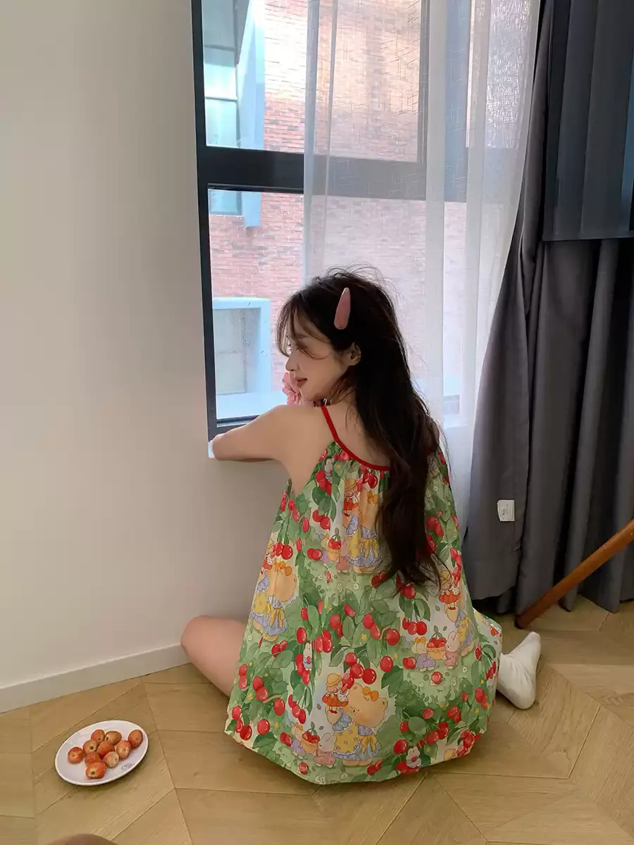 2025 New Women's Summer Nightgown Cotton Gauzy Bear Print Gown Home Clothes Set Sweet Cute Countryside Sle ort Sve