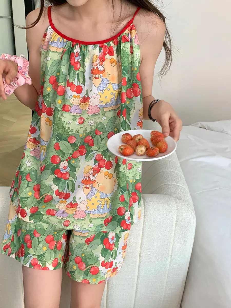 2025 New Women's Summer Nightgown Cotton Gauzy Bear Print Gown Home Clothes Set Sweet Cute Countryside Sle ort Sve