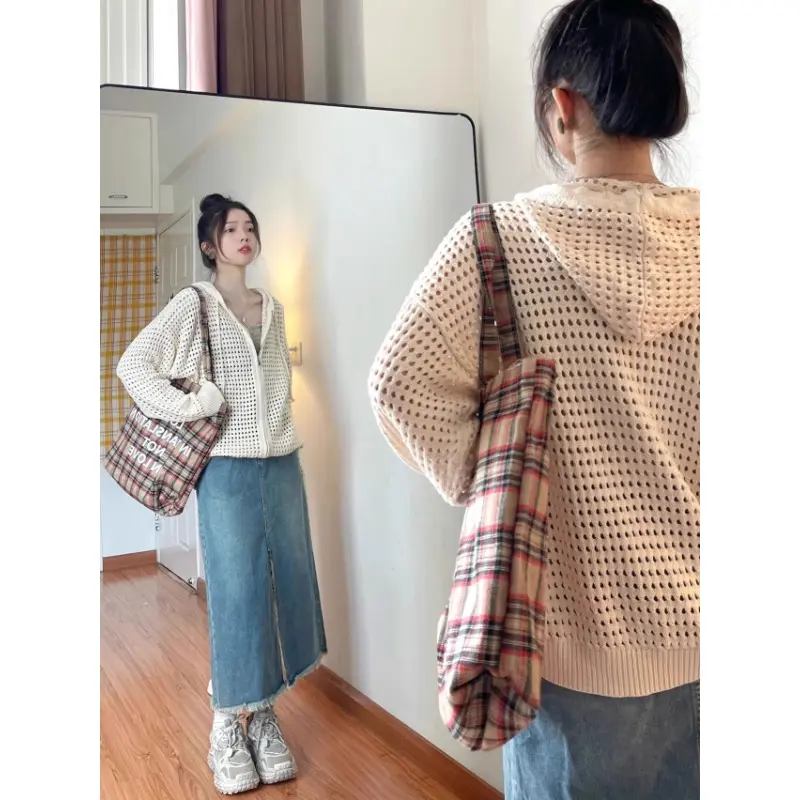 Women's Hollow out Design Knitted Thin Outerwear Spring Summer Lazy Zipper Cover up Cardigan Loose Fit Long Sve Sweatirt