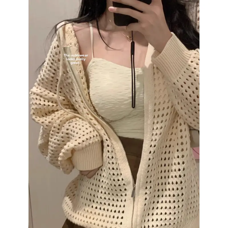 Women's Hollow out Design Knitted Thin Outerwear Spring Summer Lazy Zipper Cover up Cardigan Loose Fit Long Sve Sweatirt