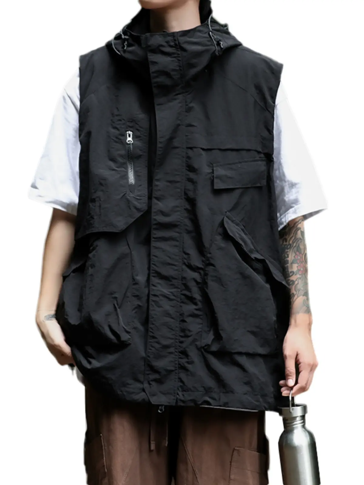 Loose Fit Men's Workwear Vest Japanese Sle Outdoor Casual Summer Faion Brand Hooded Tank Top Youth ular Zipper Closure
