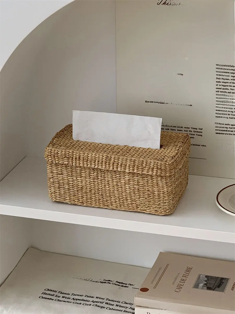 Retro Woven Paper Towel Box Living Room Coffee Table Home Use Desktop Vine Weave Dstring Napkin Storage Box Rectangular ape