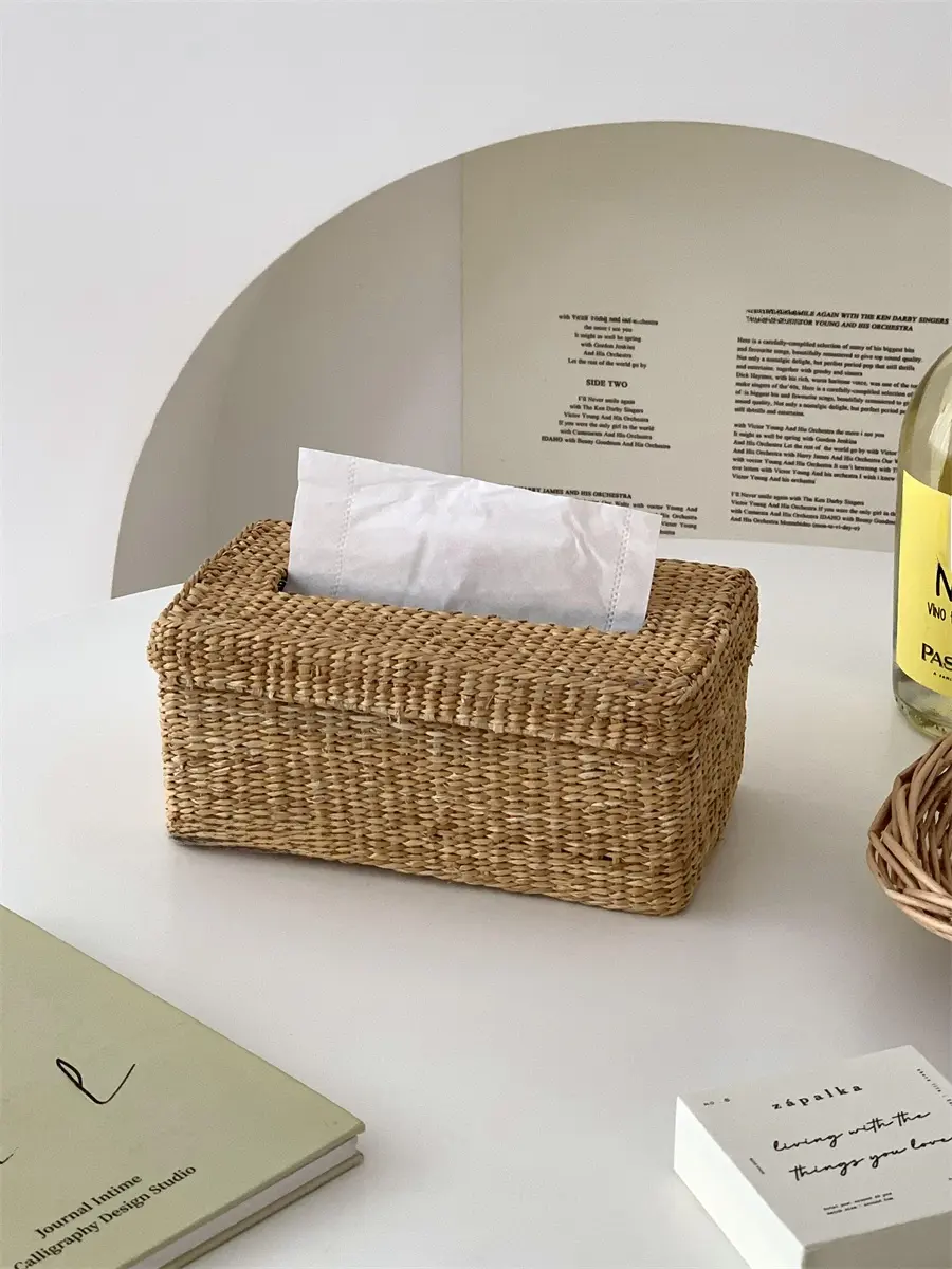 Retro Woven Paper Towel Box Living Room Coffee Table Home Use Desktop Vine Weave Dstring Napkin Storage Box Rectangular ape
