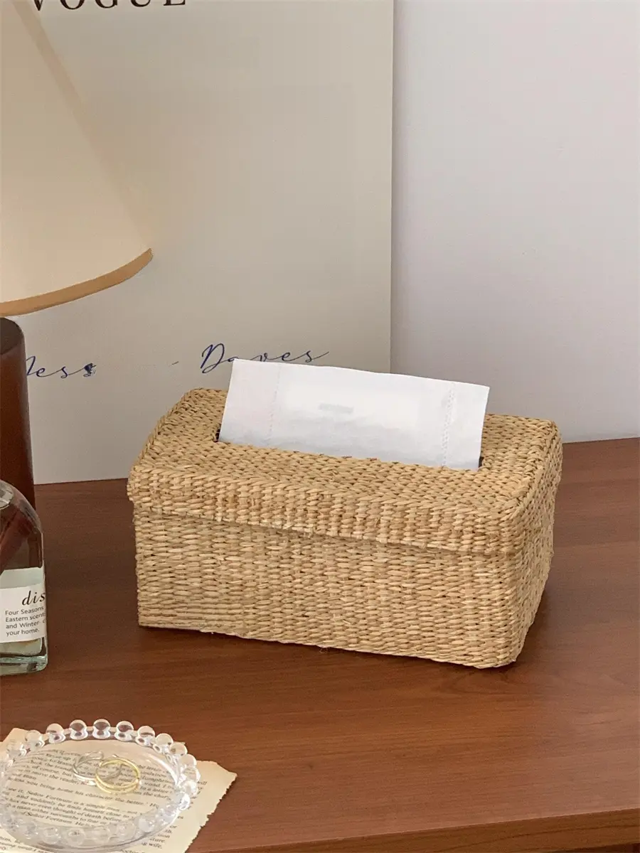 Retro Woven Paper Towel Box Living Room Coffee Table Home Use Desktop Vine Weave Dstring Napkin Storage Box Rectangular ape