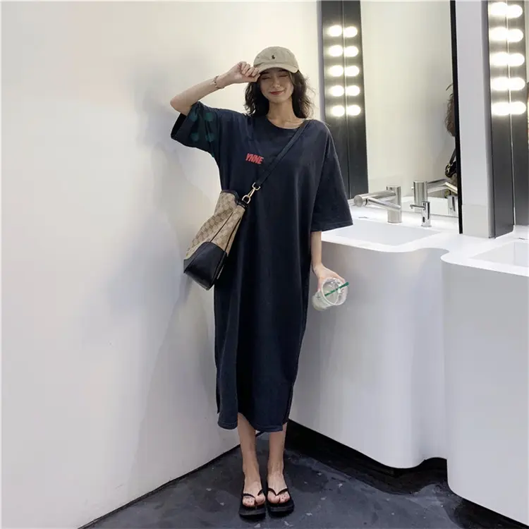 Summer New Long Knee-Length Sp Dr Women's Loose plus Size Letter Home Clothes Spwear Trendy Personalized Nightgown