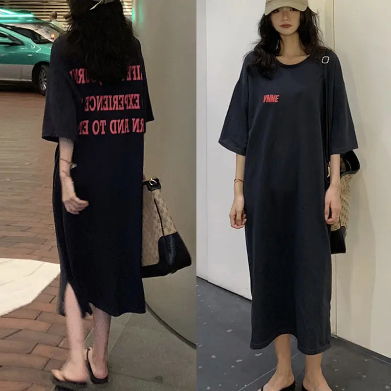 Summer New Long Knee-Length Sp Dr Women's Loose plus Size Letter Home Clothes Spwear Trendy Personalized Nightgown