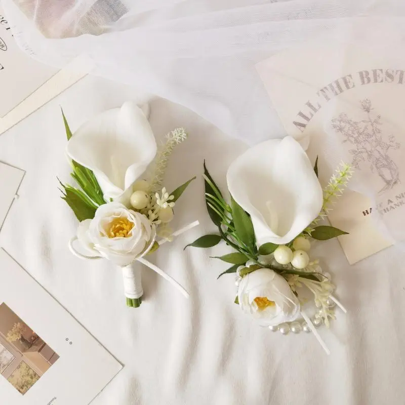 White Tulip Lily of the Valley omsmen Best Men Wedding Bouquet Buttonhole Flowers Par Photoaphy Celebration Supplies