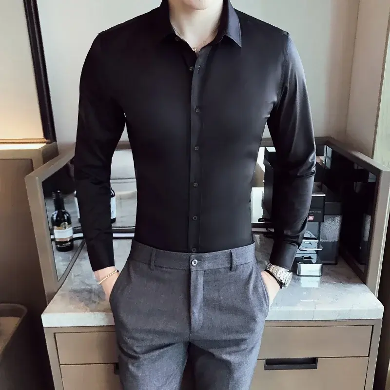 Shirts Men Long Sleeves Stretch Dress Shirt Casual Men's Shirt 2024 Spring Fashion Solid Color Mens Slim Fit Elastic Shirts