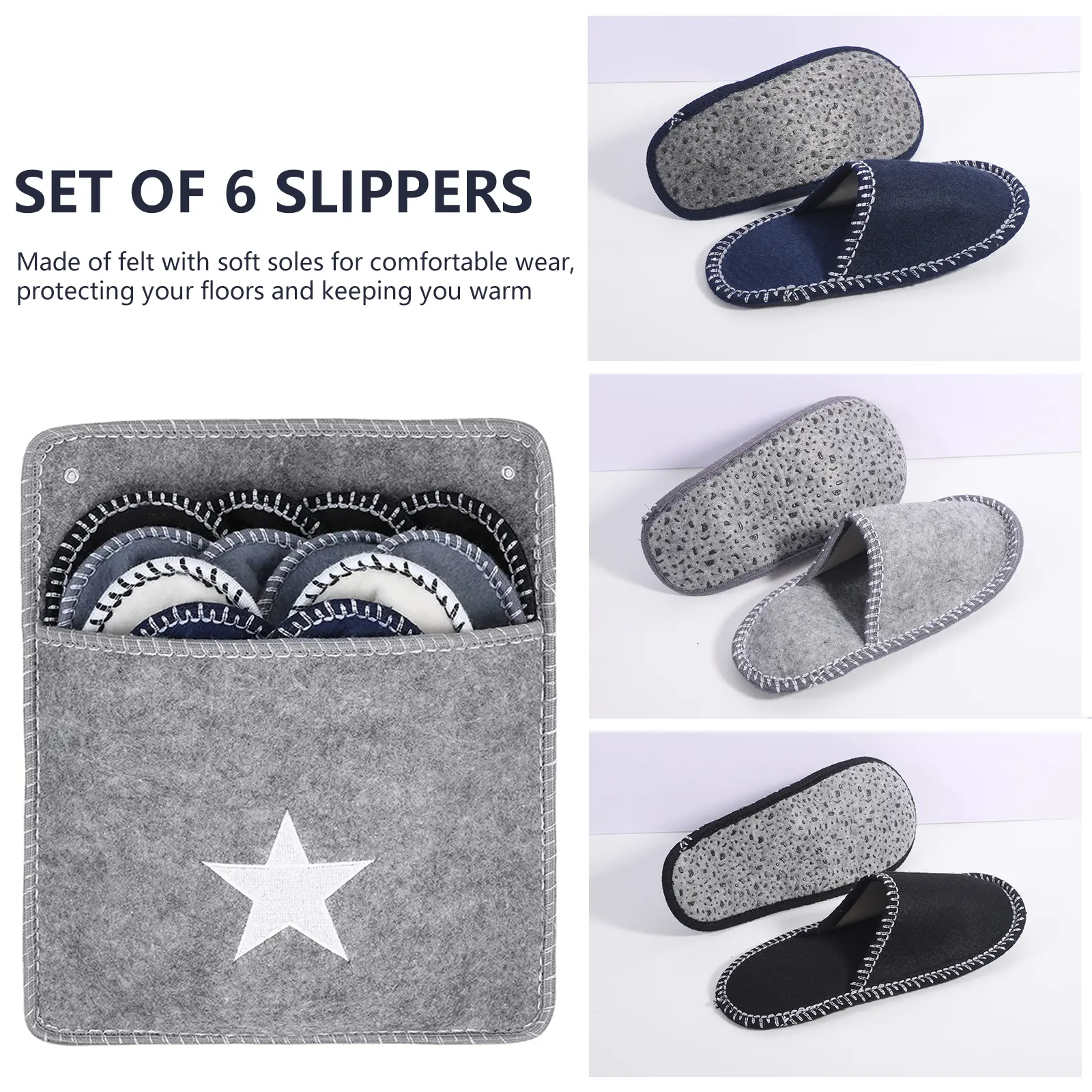 6 Pairs Family House Guest Slippers Set with Non-Slip Sole Closed Toe Felt Guest Slippers Unisex Slippers for Shoeless Home