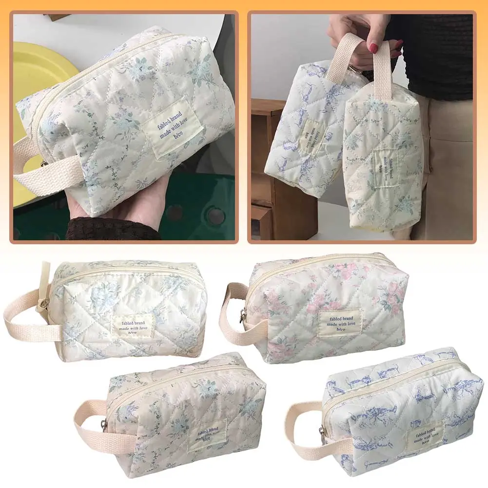 Women Portable Cosmetic Storage Bag Large Capacity Floral Quilted Checkered Makeup Bag Toiletry Zipper Storage Pouch Lightweight