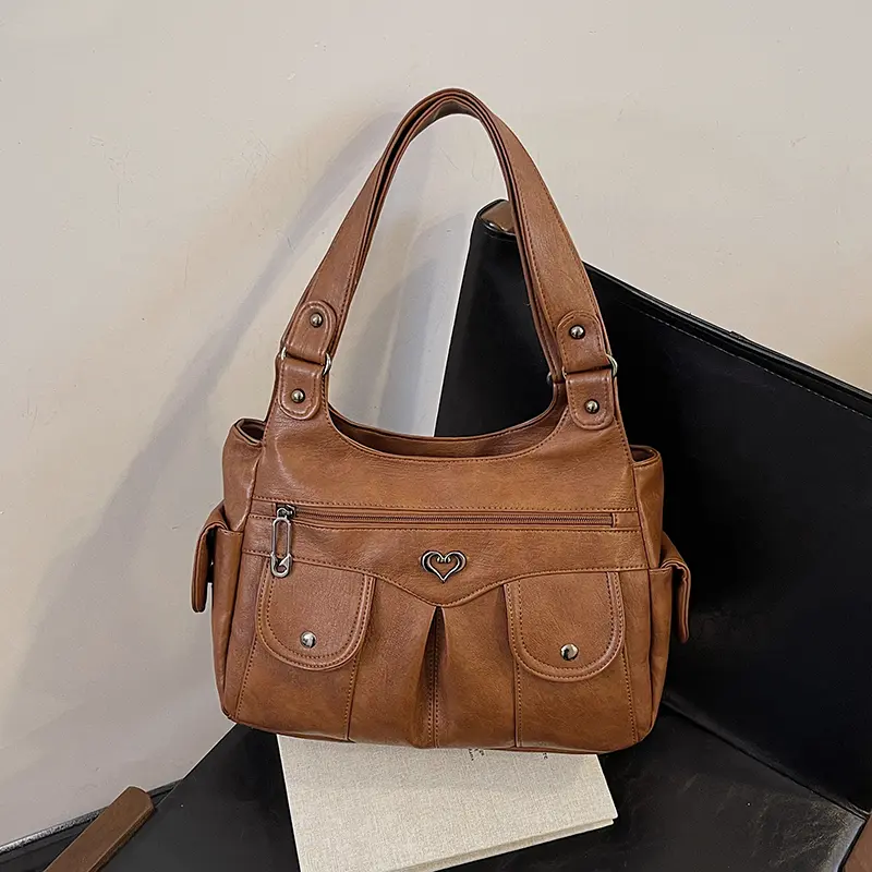 Purses and Handbags for Women Multi-Pocket Tote Bag PU Leather Large Capacity Tote Purse Solid Color Hobo Bag for Work Travel