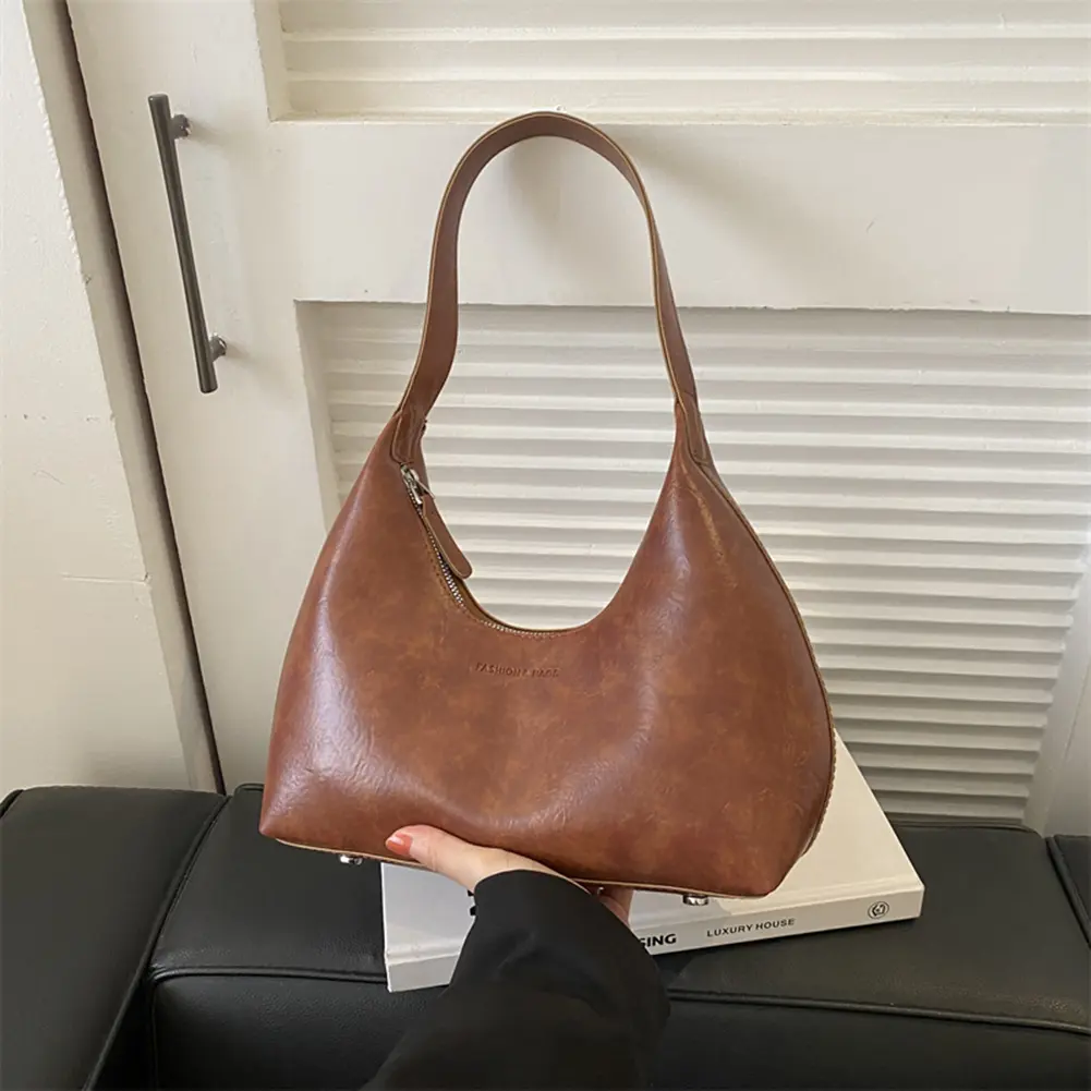Women Simple Underarm Bag Large Capacity PU Leather Trendy Shopping Bag Solid Color Casual Saddle Bag Daily Shoulder Bag