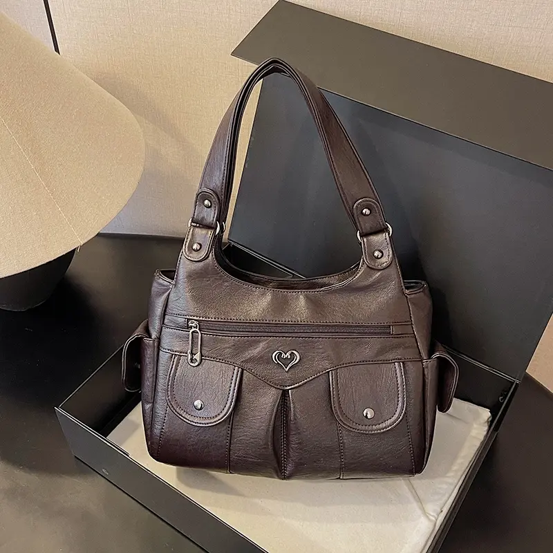 Purses and Handbags for Women Multi-Pocket Tote Bag PU Leather Large Capacity Tote Purse Solid Color Hobo Bag for Work Travel