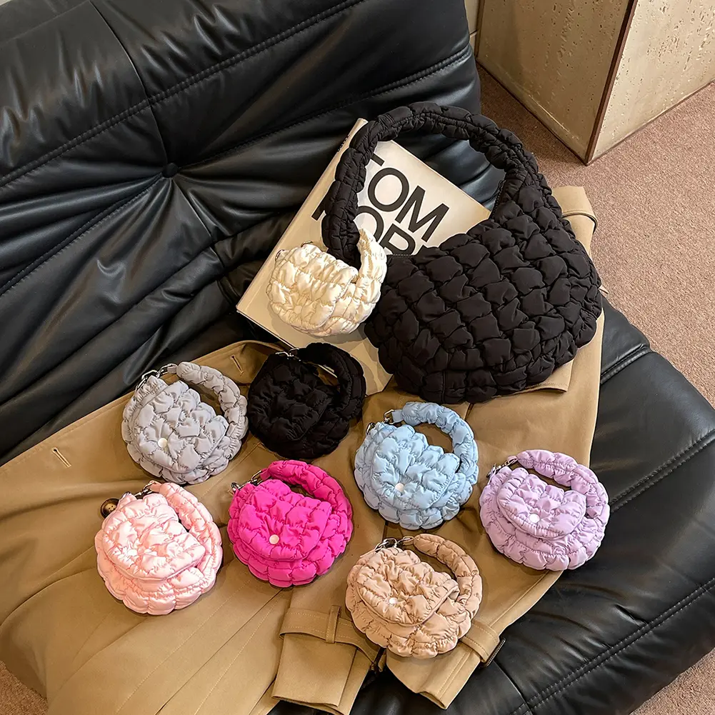 Mini Puffer Tote Bag for Women Padded Phone Purse Nylon Solid Color Key Pouch Clutch Purse for Work Travel Shopping