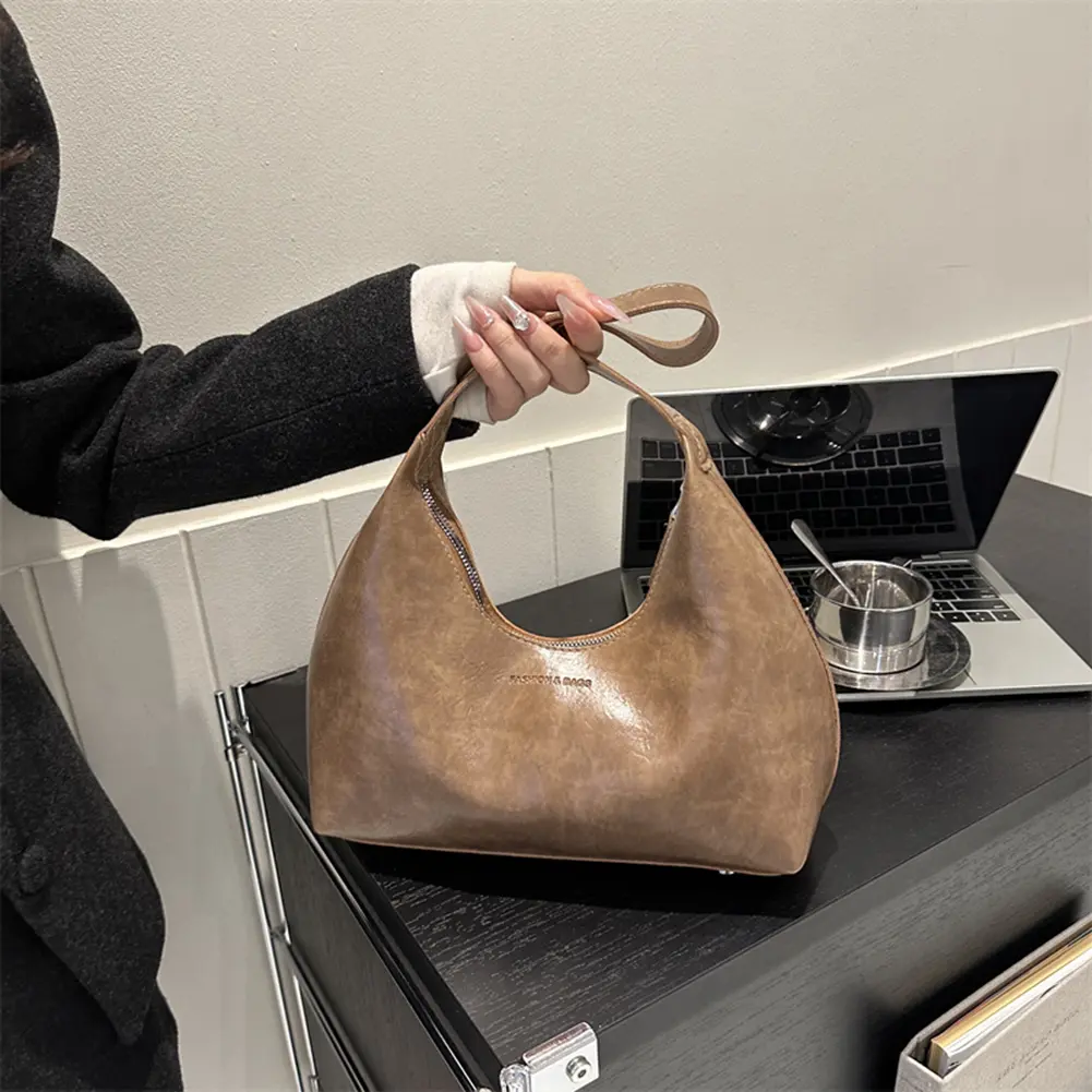 Women Simple Underarm Bag Large Capacity PU Leather Trendy Shopping Bag Solid Color Casual Saddle Bag Daily Shoulder Bag