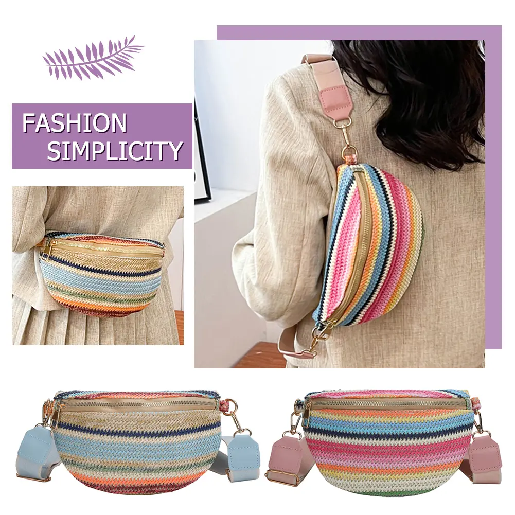 Rainbow Striped Underarm Bag Fashion Straw Woven Waist Bag Casual Adjustable Strap Simple Portable Colorful for Weekend Vacation