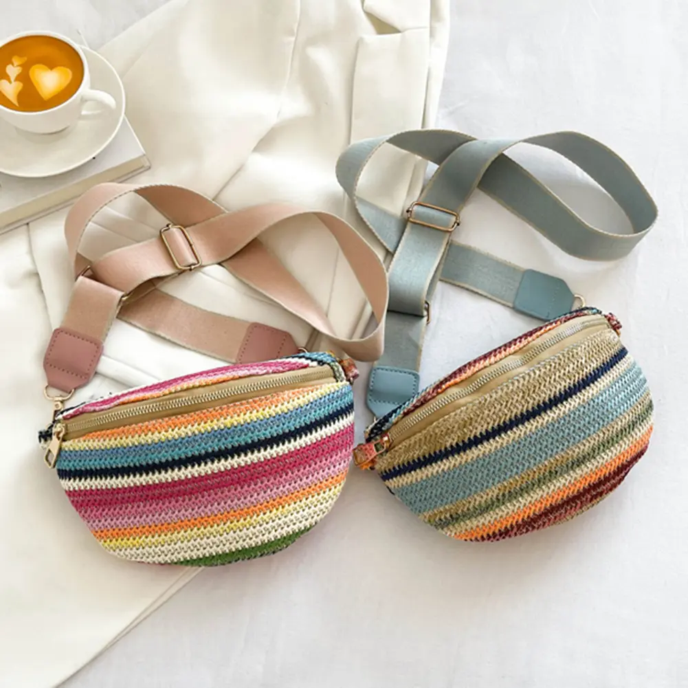 Rainbow Striped Underarm Bag Fashion Straw Woven Waist Bag Casual Adjustable Strap Simple Portable Colorful for Weekend Vacation