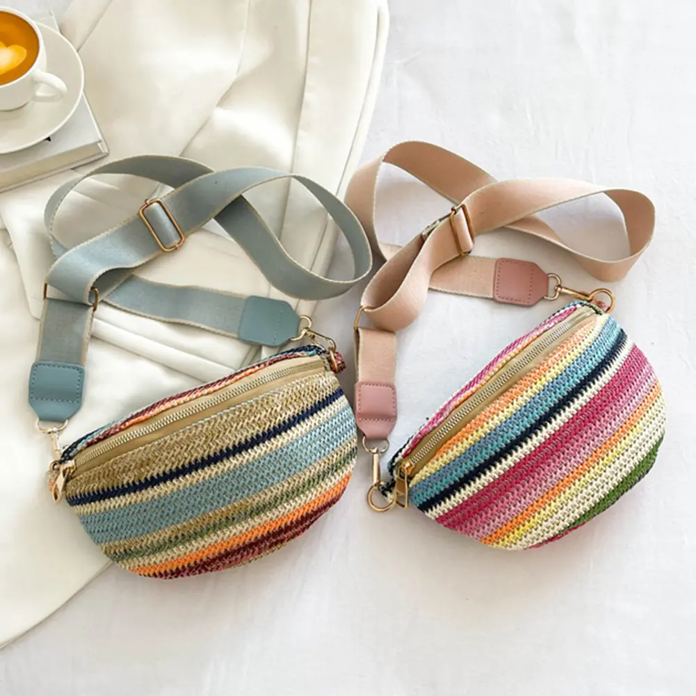 Rainbow Striped Underarm Bag Fashion Straw Woven Waist Bag Casual Adjustable Strap Simple Portable Colorful for Weekend Vacation