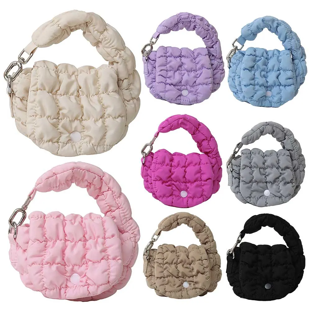 Mini Puffer Tote Bag for Women Padded Phone Purse Nylon Solid Color Key Pouch Clutch Purse for Work Travel Shopping