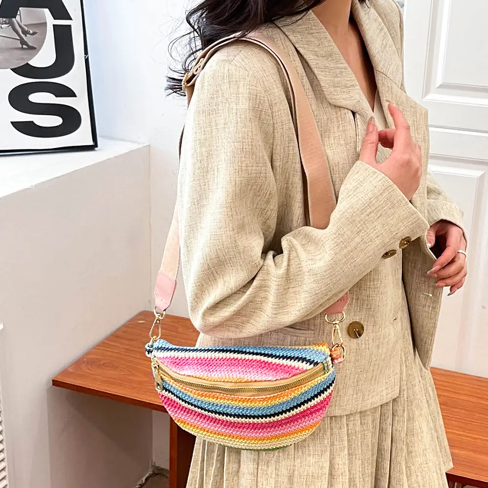 Rainbow Striped Underarm Bag Fashion Straw Woven Waist Bag Casual Adjustable Strap Simple Portable Colorful for Weekend Vacation