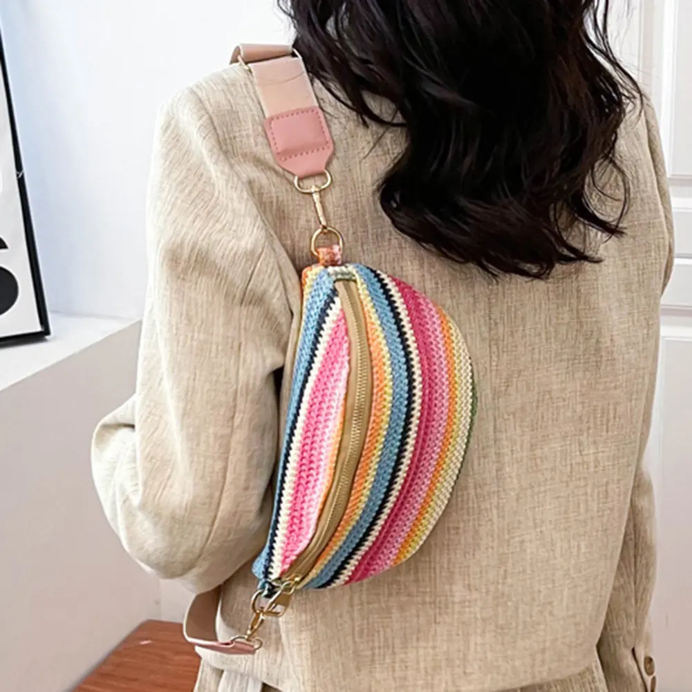 Rainbow Striped Underarm Bag Fashion Straw Woven Waist Bag Casual Adjustable Strap Simple Portable Colorful for Weekend Vacation