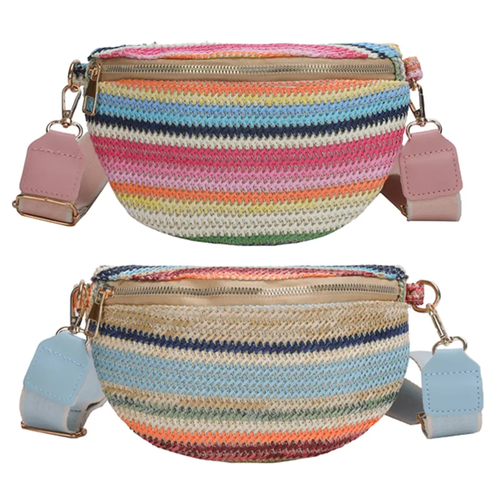 Rainbow Striped Underarm Bag Fashion Straw Woven Waist Bag Casual Adjustable Strap Simple Portable Colorful for Weekend Vacation