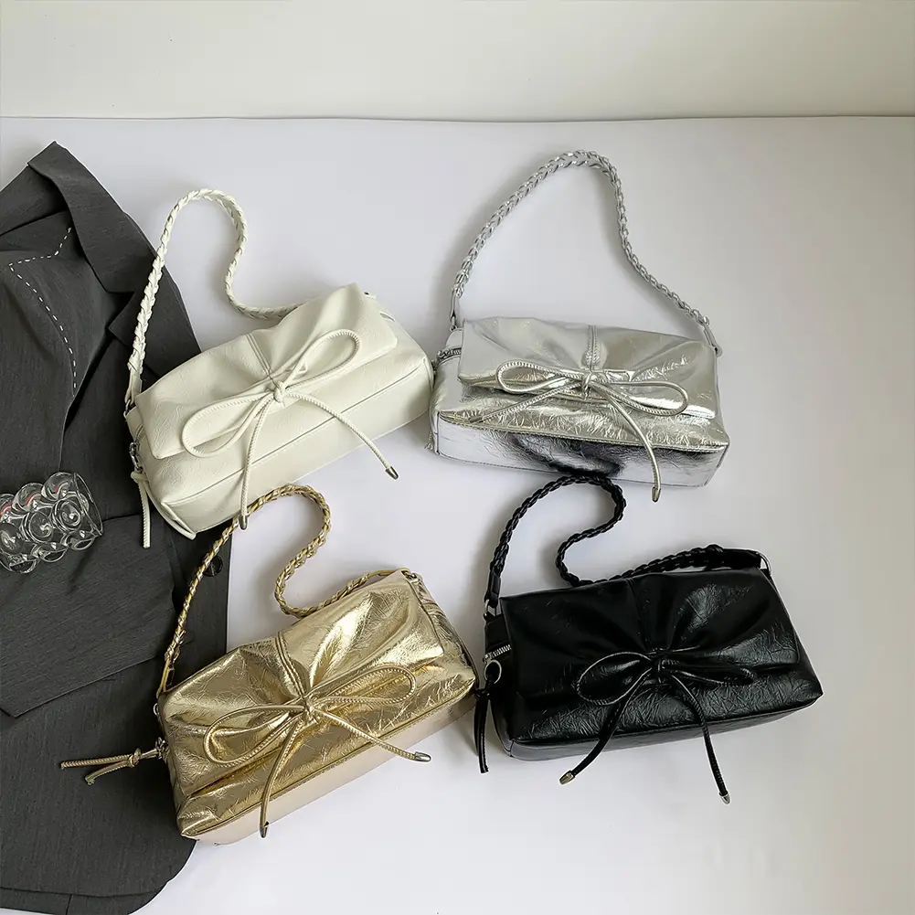 Women Crossbody Bag Bowknot PU Leather Clutch Purse Zipper Underarm Purse Magnetic Closure for Vacation Travel Commuting