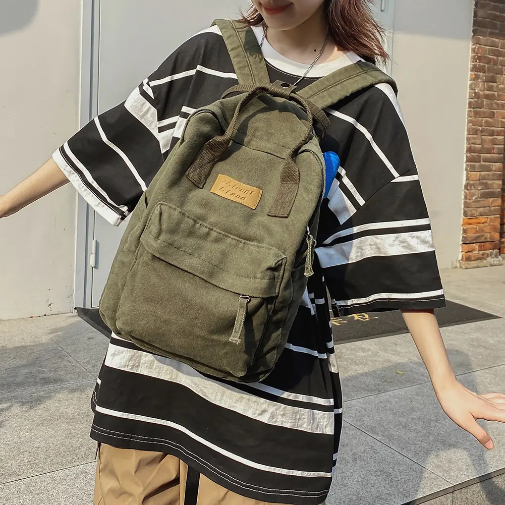 Vintage Men Women Backpack Cotton Canvas Casual College Students Backpack Large Capacity Solid Color Leisure Handbag