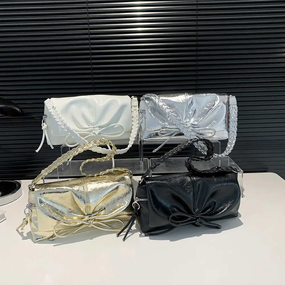 Women Crossbody Bag Bowknot PU Leather Clutch Purse Zipper Underarm Purse Magnetic Closure for Vacation Travel Commuting