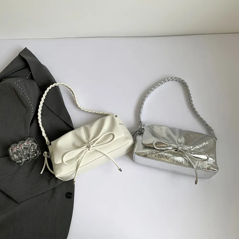 Women Crossbody Bag Bowknot PU Leather Clutch Purse Zipper Underarm Purse Magnetic Closure for Vacation Travel Commuting