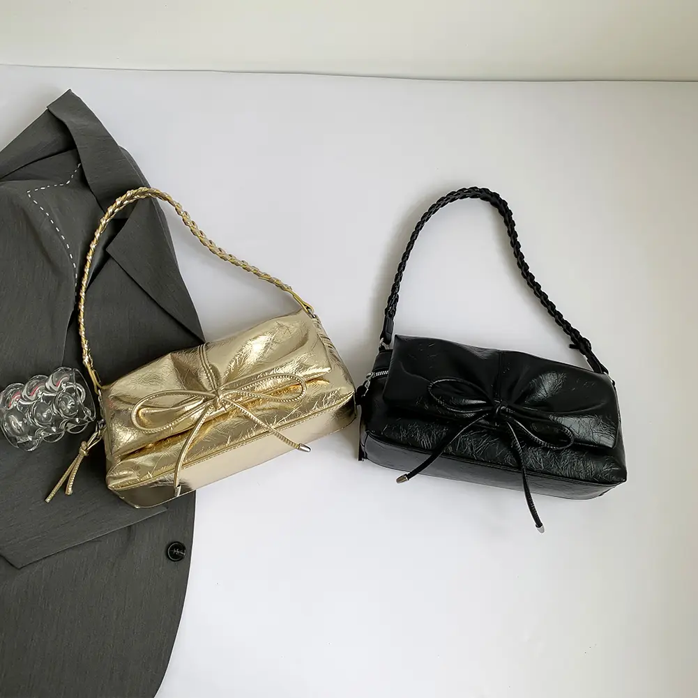 Women Crossbody Bag Bowknot PU Leather Clutch Purse Zipper Underarm Purse Magnetic Closure for Vacation Travel Commuting