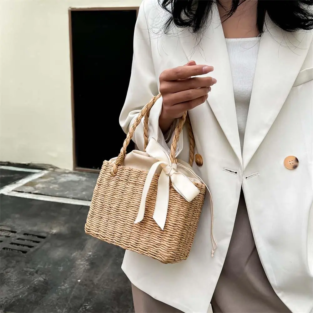 Summer Beach Handmade Woven Portable Bag Ladies Straw Square Basket Vintage Tote