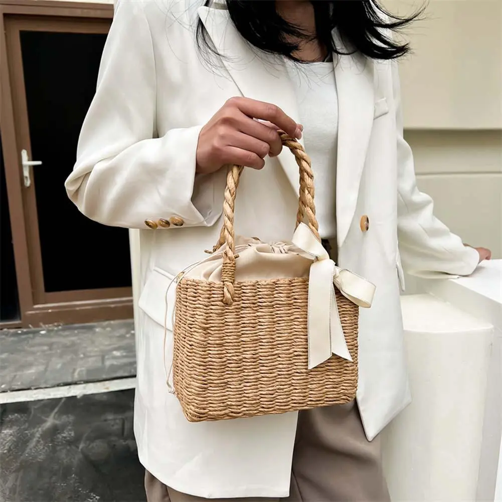 Summer Beach Handmade Woven Portable Bag Ladies Straw Square Basket Vintage Tote