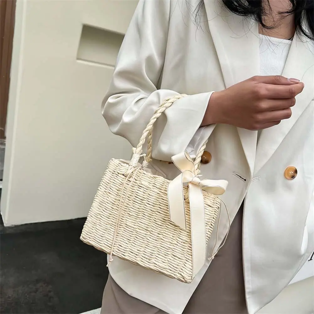 Summer Beach Handmade Woven Portable Bag Ladies Straw Square Basket Vintage Tote
