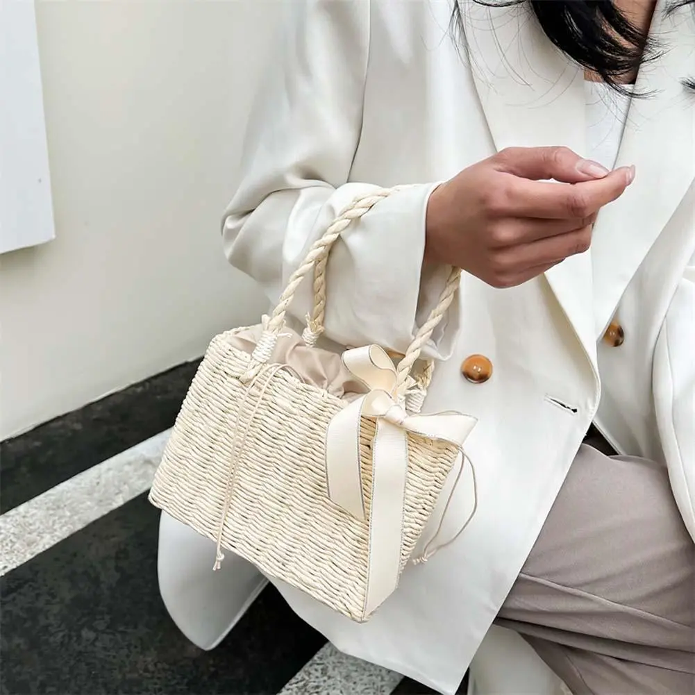 Summer Beach Handmade Woven Portable Bag Ladies Straw Square Basket Vintage Tote