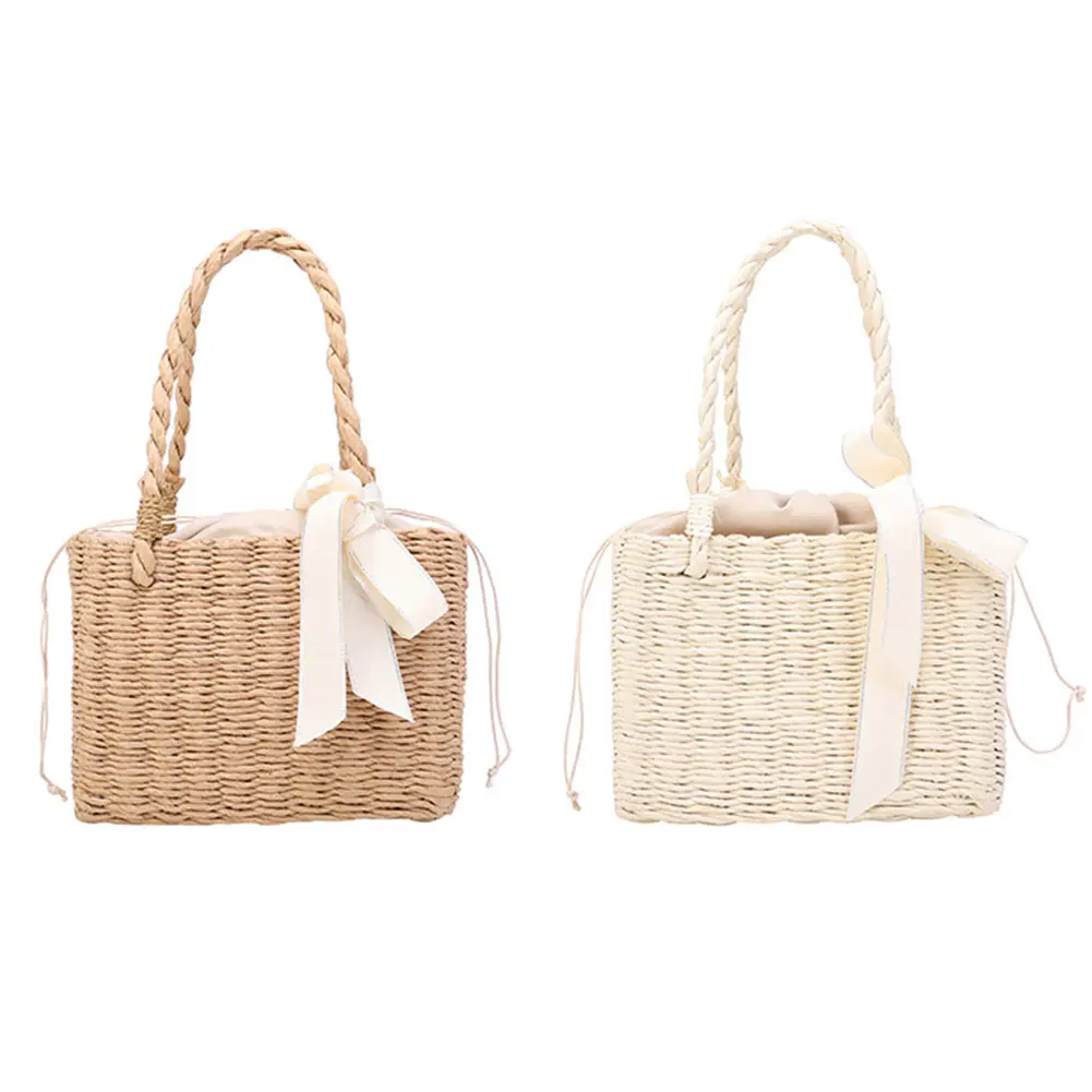 Summer Beach Handmade Woven Portable Bag Ladies Straw Square Basket Vintage Tote