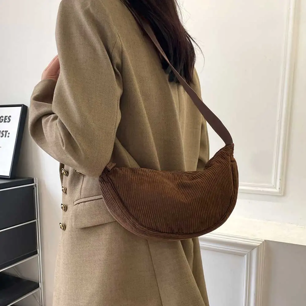 Shoulder Bag Corduroy Adjustable Strap Crescent Bag for Men Women with Zipper Handbag Dumpling Bag for Travel Work