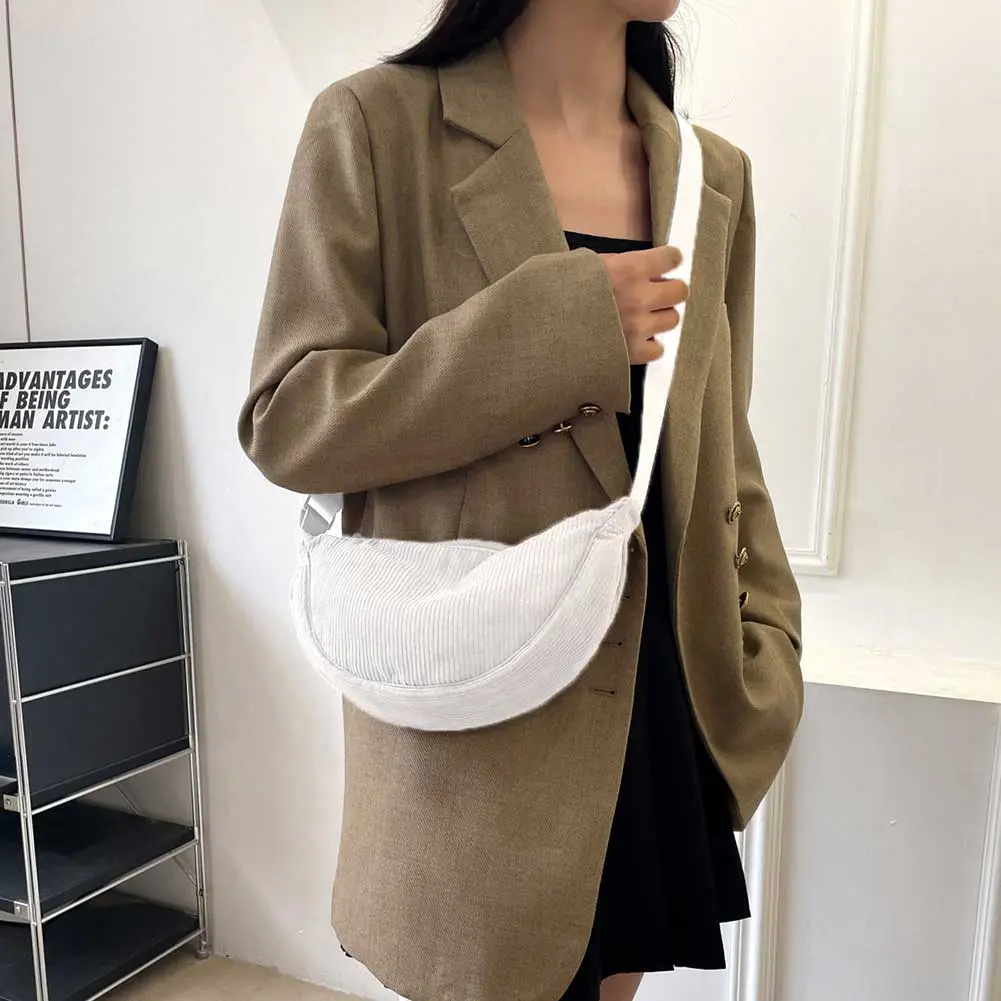 Shoulder Bag Corduroy Adjustable Strap Crescent Bag for Men Women with Zipper Handbag Dumpling Bag for Travel Work