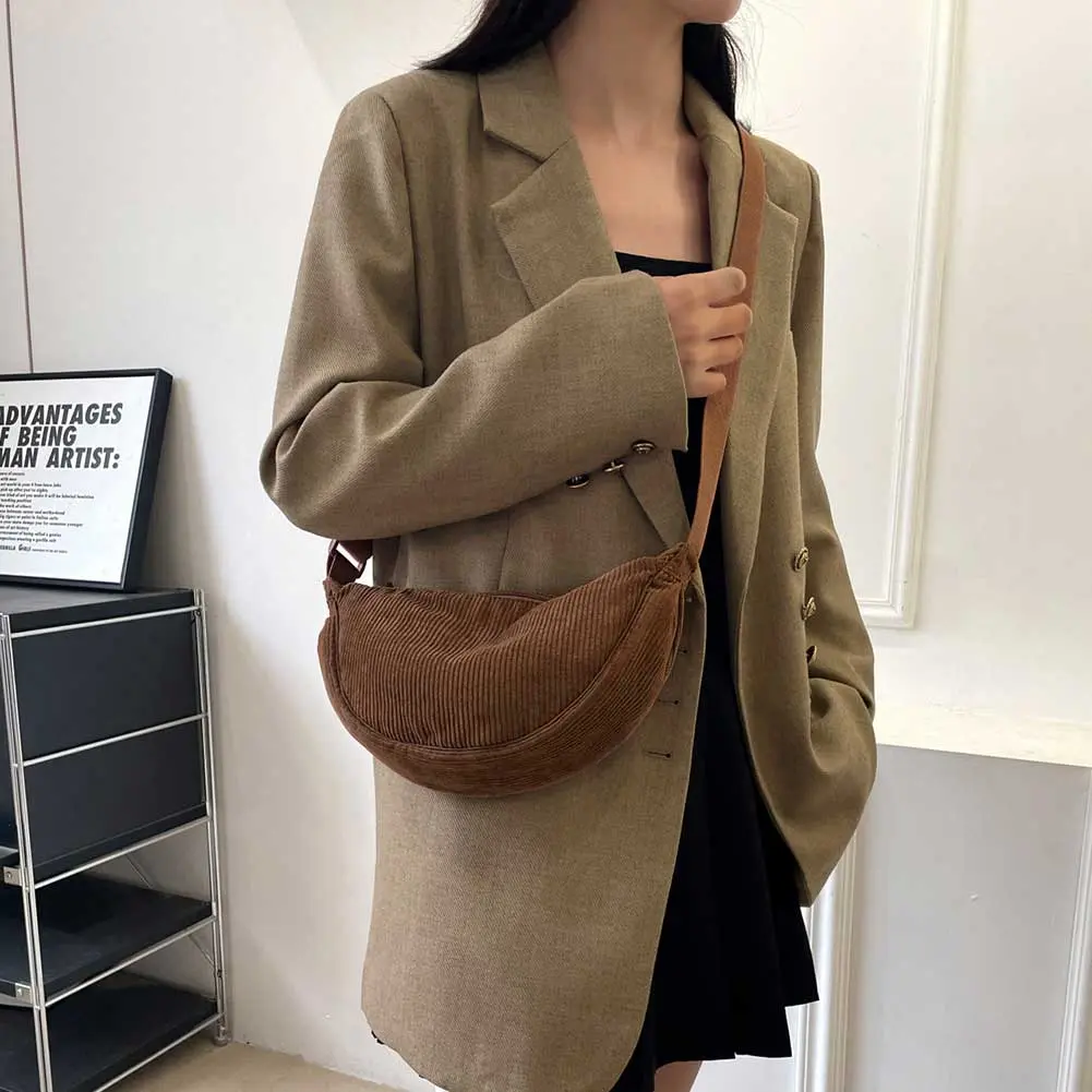 Shoulder Bag Corduroy Adjustable Strap Crescent Bag for Men Women with Zipper Handbag Dumpling Bag for Travel Work